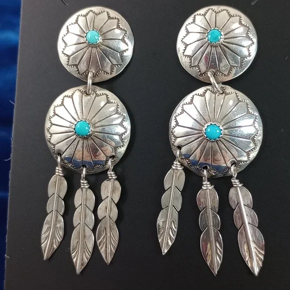 Sterling Silver and Turquoise / Feathers Dangle Earrings Native American - Picture 11 of 12